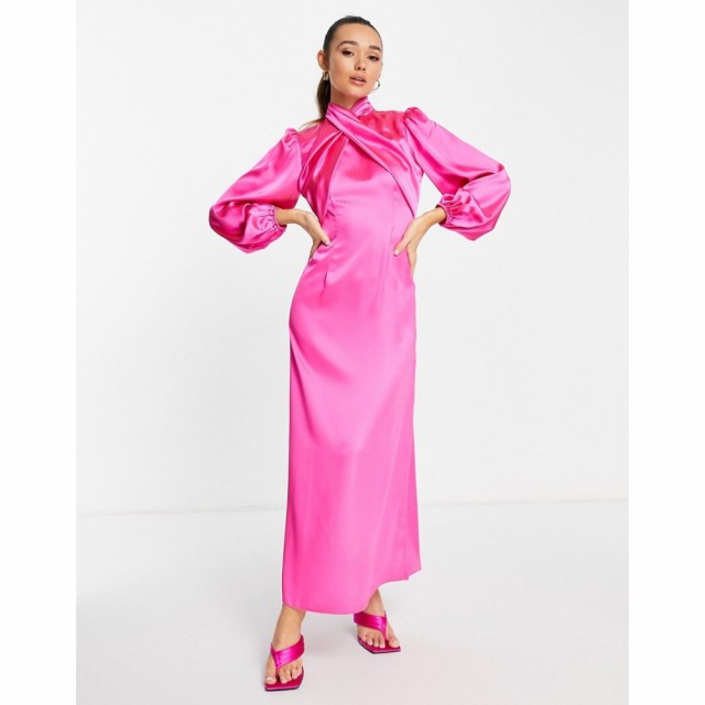 エイソス ASOS DESIGN レディース ワンピース ラップドレス マキシ丈 ワンピース・ドレス Wrap Front Satin Maxi Tea Dress In Pink ホッ