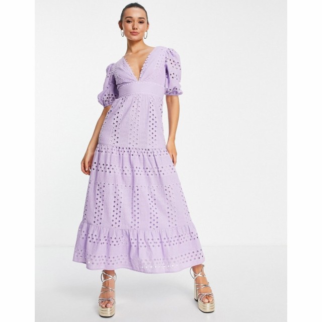 エイソス ASOS DESIGN レディース ワンピース Ａライン ワンピース・ドレス Premium Plunge Broderie Tiered Midi Dress With Button Nec