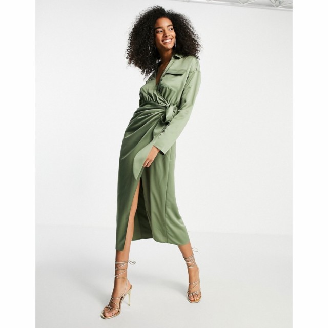 エイソス ASOS DESIGN レディース ワンピース ラップドレス ミドル丈 シャツワンピース Satin Collared Wrap Midi Shirt Dress In Khaki