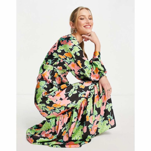 エイソス ASOS DESIGN レディース ワンピース ワンピース・ドレス Satin Button Front Maxi Tea Dress In Abstract Floral Print