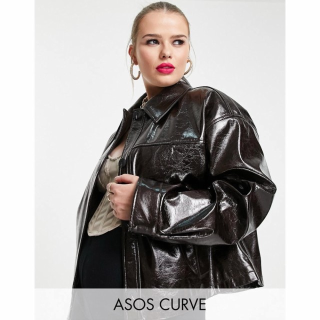 エイソス ASOS Curve レディース レザージャケット アウター Curve Cracked Leather Look Chuck On Jacket In Brown ブラウン