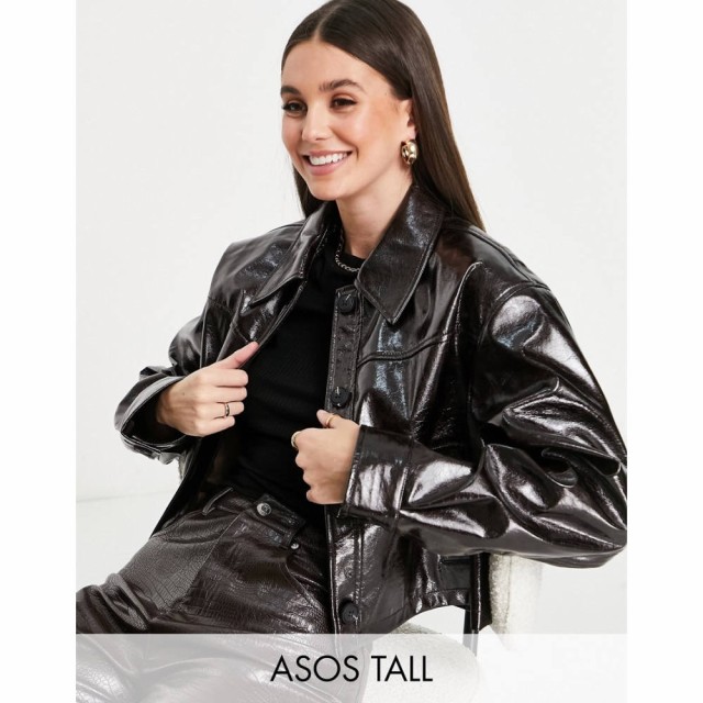 エイソス ASOS Tall レディース レザージャケット アウター Tall Cracked Leather Look Chuck On Jacket In Brown ブラウン