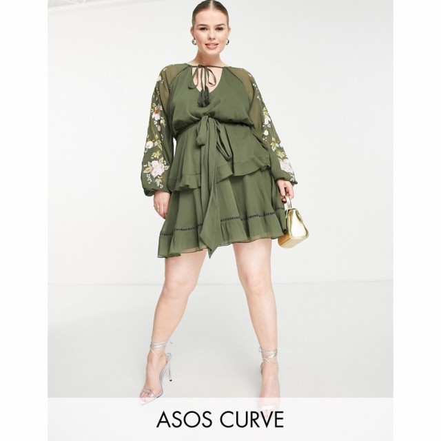 エイソス ASOS Curve レディース ワンピース Ａライン ワンピース・ドレス Curve Blouson Sleeve Tiered Mini Dress With Embroidery In