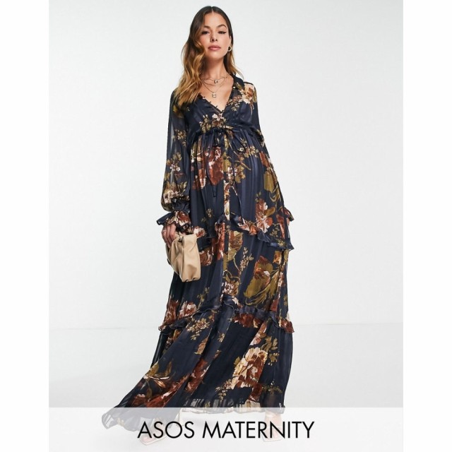 エイソス ASOS Maternity レディース ワンピース マタニティウェア Ａライン Maternity Floral Tiered Maxi Dress With Tie Front In Sat