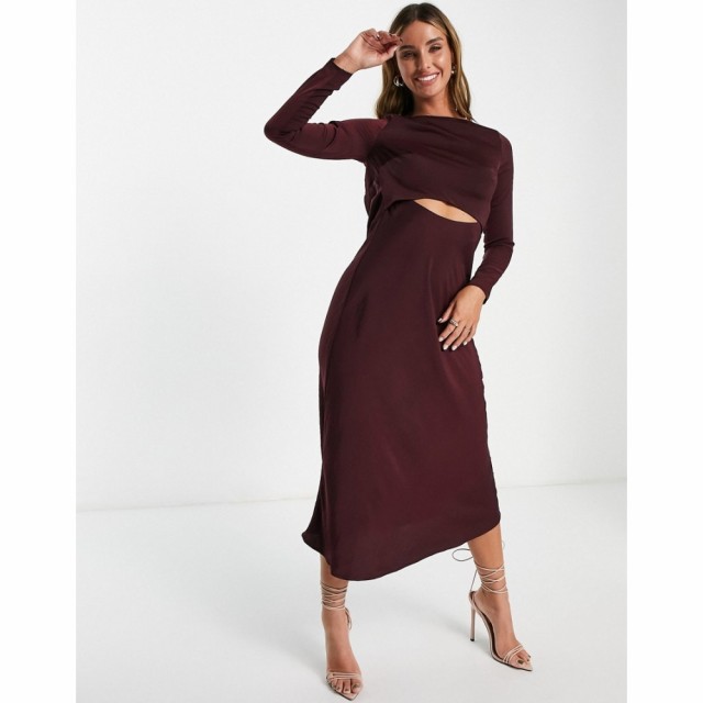 エイソス ASOS DESIGN レディース ワンピース ミドル丈 ワンピース・ドレス Satin Midi Dress With Cowl Back And Tie In Wine ワイン