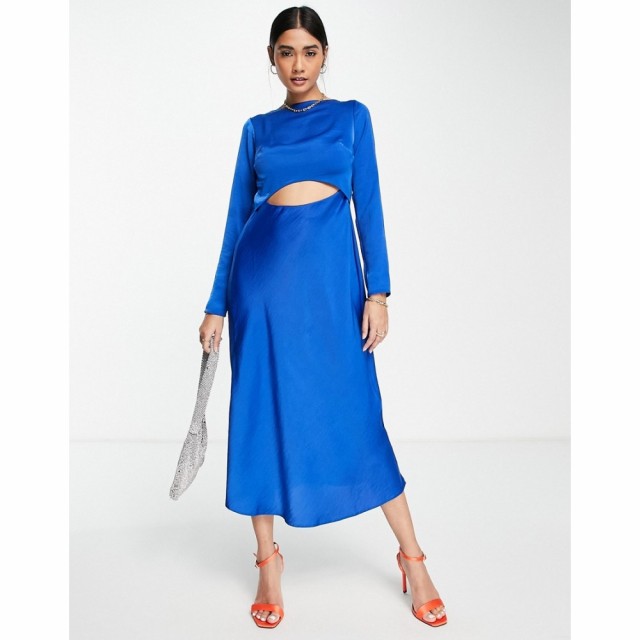 エイソス ASOS DESIGN レディース ワンピース ミドル丈 ワンピース・ドレス Satin Midi Dress With Cowl Back And Tie In Cobalt コバル