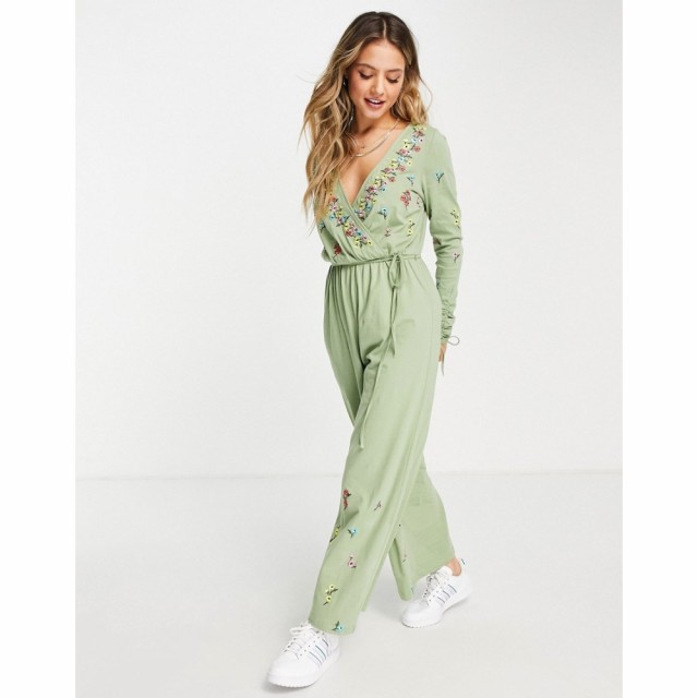 エイソス ASOS DESIGN レディース オールインワン ジャンプスーツ ワンピース・ドレス Wrap Ruched Sleeve Embroidered Jumpsuit In Wash