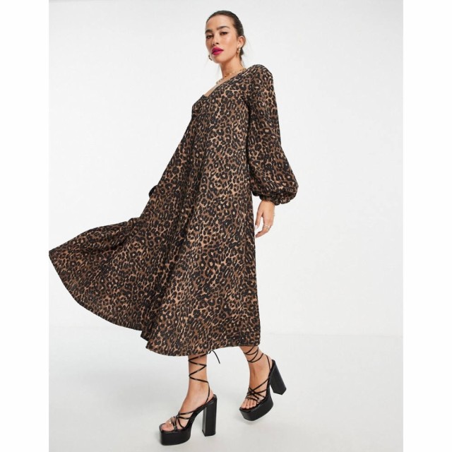 エイソス ASOS DESIGN レディース ワンピース Vネック ミドル丈 Textured Smock Midi Dress With V Neck In Leopard Print レオパードプ