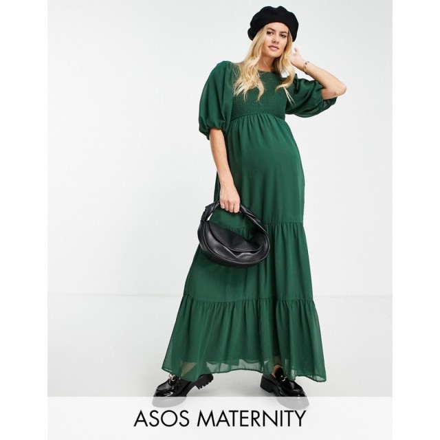 エイソス ASOS Maternity レディース ワンピース マタニティウェア Ａライン Maternity Shirred Tiered Maxi Dress In Forest Green フォ