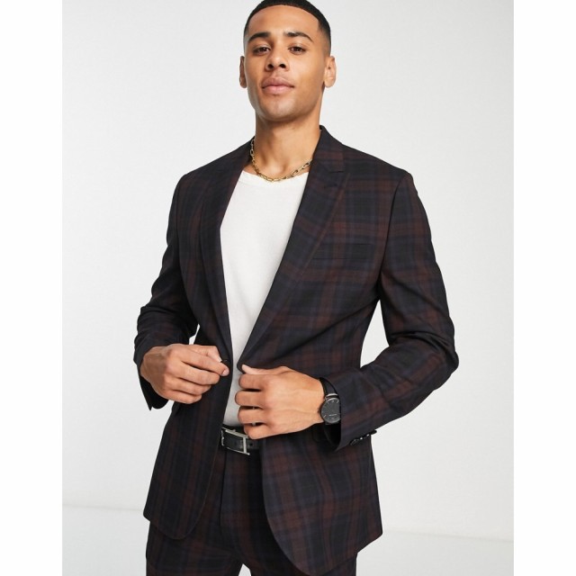 エイソス ASOS DESIGN メンズ スーツ・ジャケット アウター Super Skinny Suit Jacket In Burgundy And Black Tartan バーガンディ