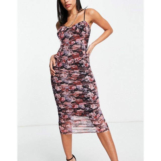 エイソス ASOS DESIGN レディース ワンピース キャミワンピ ワンピース・ドレス Cami Ruched Mesh Midi Dress In Dark Floral Print マル