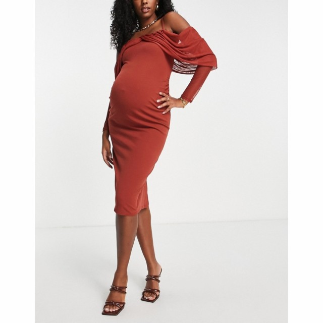 エイソス ASOS Maternity レディース ワンピース マタニティウェア ミドル丈 Maternity Long Sleeve Draped Midi Dress With Ruching In