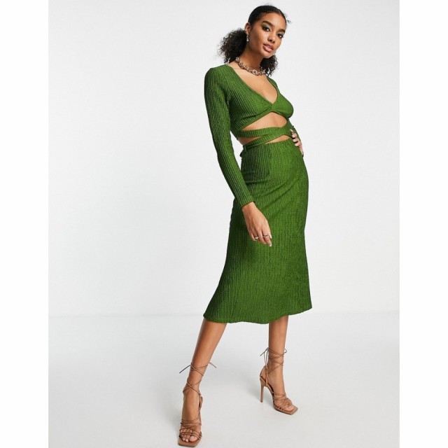 エイソス ASOS DESIGN レディース ワンピース ミドル丈 ワンピース・ドレス Long Sleeve Cut Out Waist Midi Dress In Dark Green ダーク