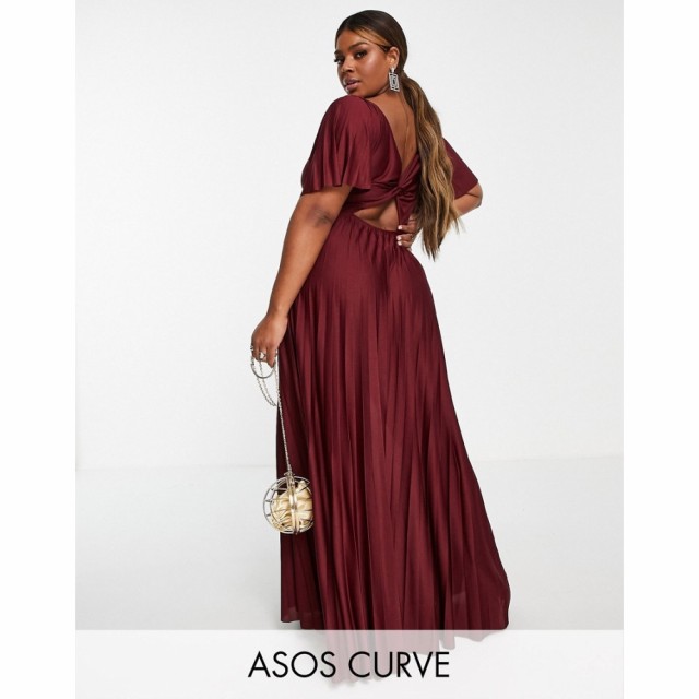 エイソス ASOS Curve レディース ワンピース マキシ丈 ワンピース・ドレス Curve Pleated Twist Back Cap Sleeve Maxi Dress In Red バー