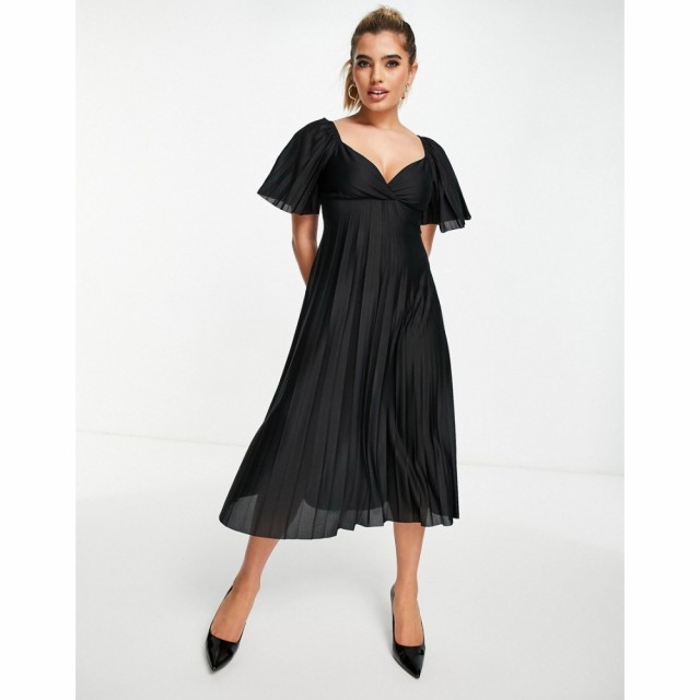 エイソス ASOS DESIGN レディース ワンピース ミドル丈 ワンピース・ドレス Pleated Twist Back Cap Sleeve Midi Dress In Black ブラッ