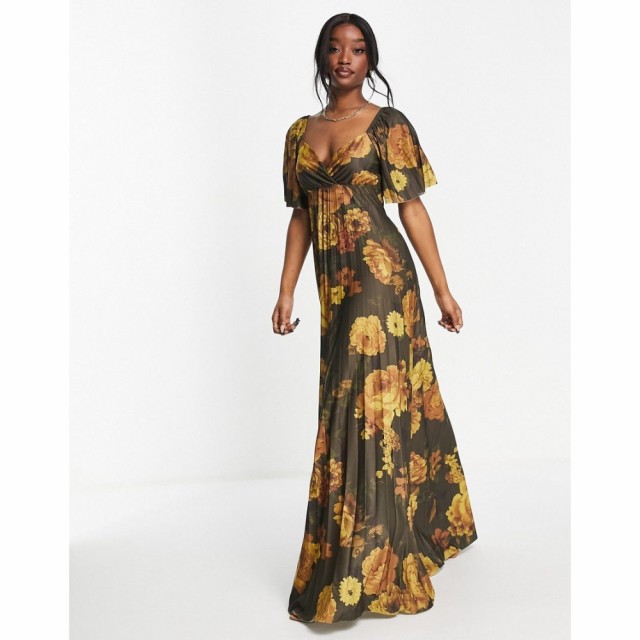 エイソス ASOS DESIGN レディース ワンピース ワンピース・ドレス Pleated Twist Back Cap Sleeve Maxi Dress In Mustard Floral Print