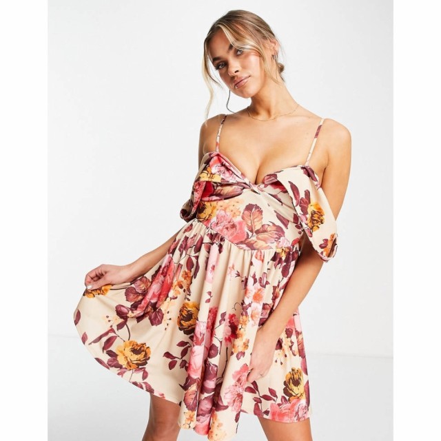 エイソス ASOS DESIGN レディース ワンピース ミニ丈 ワンピース・ドレス A Line Off Shoulder Mini Dress In Rose Print マルチカラー