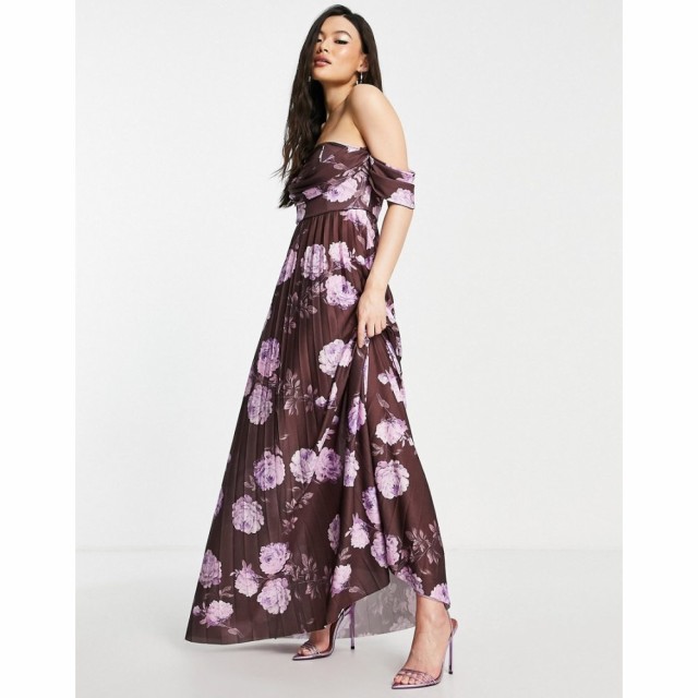 エイソス ASOS DESIGN レディース ワンピース ワンピース・ドレス Off Shoulder Drape Neck Pleated Maxi Dress In Purple Floral Print