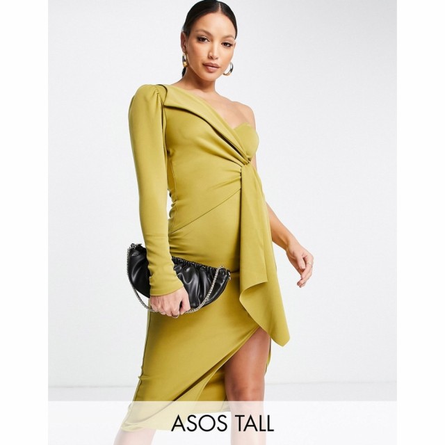 エイソス ASOS Tall レディース ワンピース ワンピース・ドレス Tall Long Sleeve One Shoulder Tie Front Midi Dress In Olive オリーブ