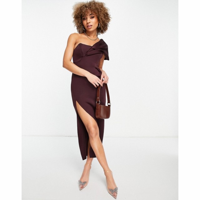 エイソス ASOS DESIGN レディース ワンピース ワンピース・ドレス One Shoulder Seamed Bust Midi Dress With High Leg Split In Aubergi