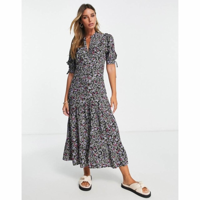 トップショップ Topshop レディース ワンピース ミドル丈 ワンピース・ドレス Frill Collar Floral Midi Dress In Mono マルチカラー