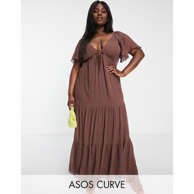 エイソス ASOS Curve レディース ワンピース Ａライン ワンピース・ドレス Curve Soft Tiered Maxi Dress With Tie Front In Brown ブラ