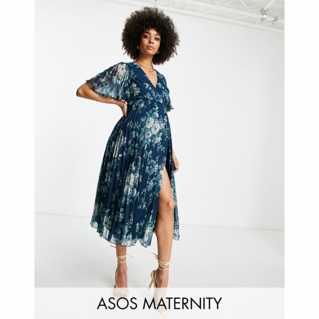 エイソス ASOS Maternity レディース ワンピース Maternity Exclusive Pleated Midi Dress With Kimono Sleeve And Tie Waist In Floral