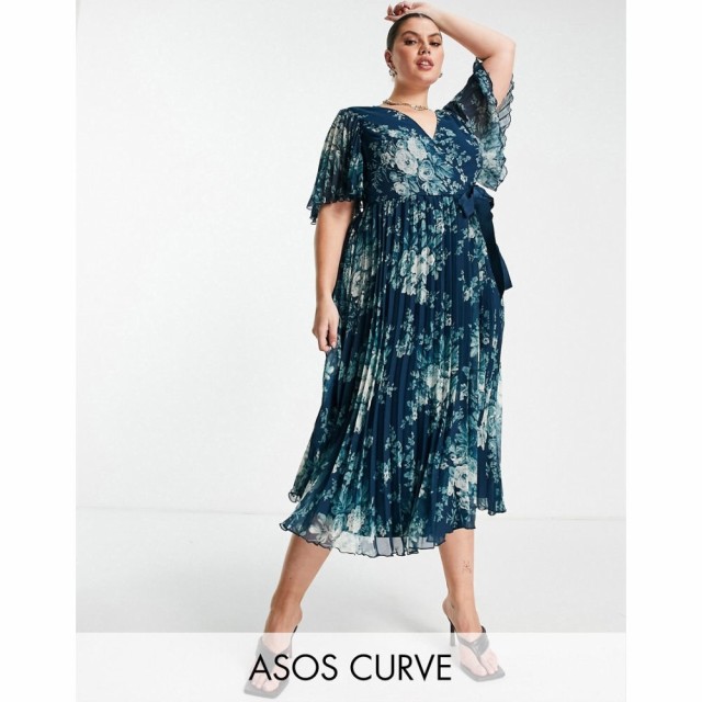 エイソス ASOS Curve レディース ワンピース Curve Exclusive Pleated Midi Dress With Kimono Sleeve And Tie Waist In Floral Print フ