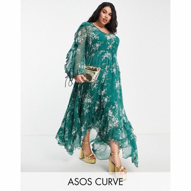 エイソス ASOS Curve レディース ワンピース Curve Drape Ruffle Maxi Dress With Lace Insert And Tassle Detail In Floral Print フロ