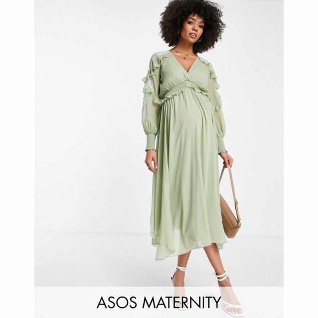 エイソス ASOS Maternity レディース ワンピース マタニティウェア ミドル丈 Maternity Midi Dress With Embroidery And Lace Trim Detai