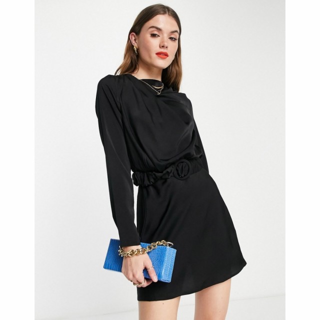 エイソス ASOS DESIGN レディース ワンピース シュシュ ミニ丈 Drape High Neck Satin Long Sleeve Mini Dress With Scrunchie Belt Deta