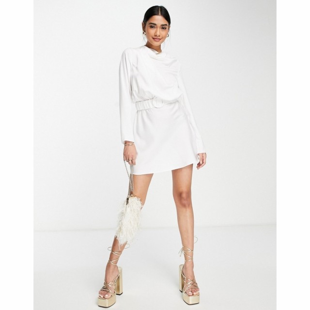 エイソス ASOS DESIGN レディース ワンピース シュシュ ミニ丈 Drape High Neck Satin Long Sleeve Mini Dress With Scrunchie Belt Deta