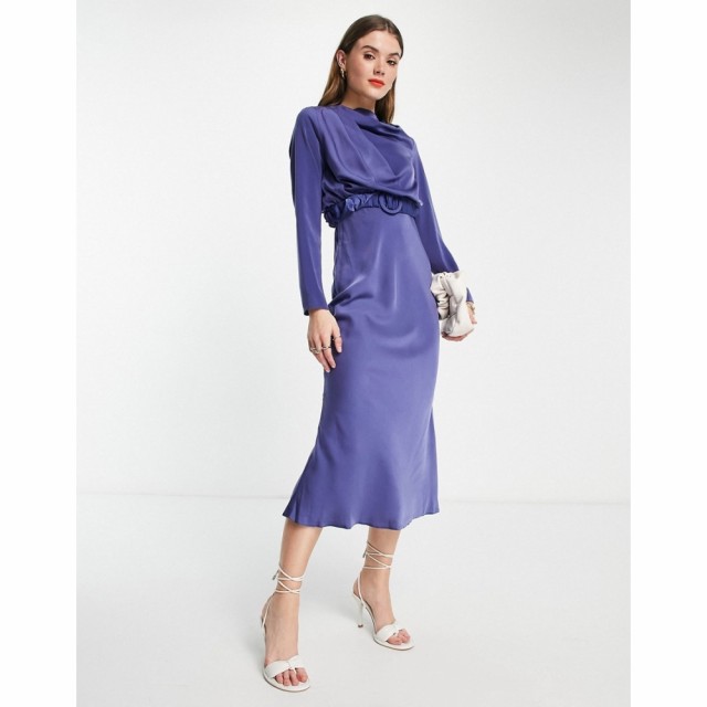 エイソス ASOS DESIGN レディース ワンピース シュシュ ミドル丈 Drape High Neck Satin Long Sleeve Midi Dress With Scrunchie Belt De