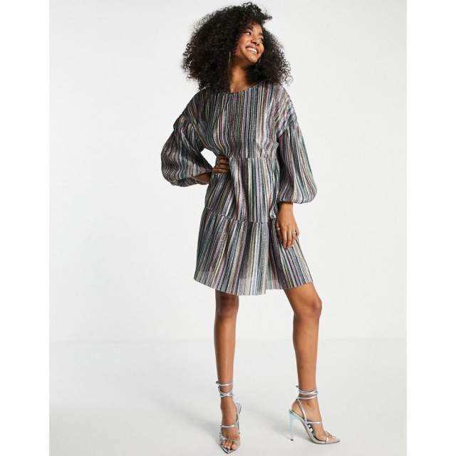 エディテッド Edited レディース ワンピース ワンピース・ドレス Deike Metallic Striped Dress With Puff Sleeves In Multi マルチカラ