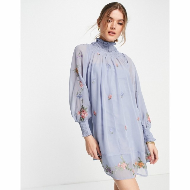 エイソス ASOS DESIGN レディース ワンピース ミニ丈 ワンピース・ドレス Shirred Neck Mini Smock Dress With Embroidery In Pale Blue