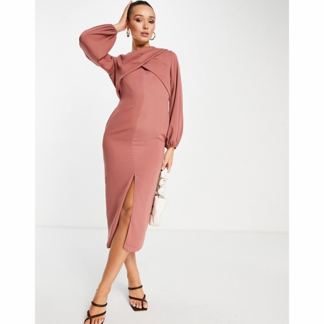 エイソス ASOS DESIGN レディース ワンピース ラップドレス ミドル丈 ワンピース・ドレス Wrap Front Midi Dress With Long Sleeve In Pi