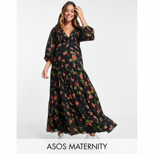 エイソス ASOS Maternity レディース ワンピース Maternity Shirred Wrap Tiered Skirt Maxi Dress In Black Rose Print