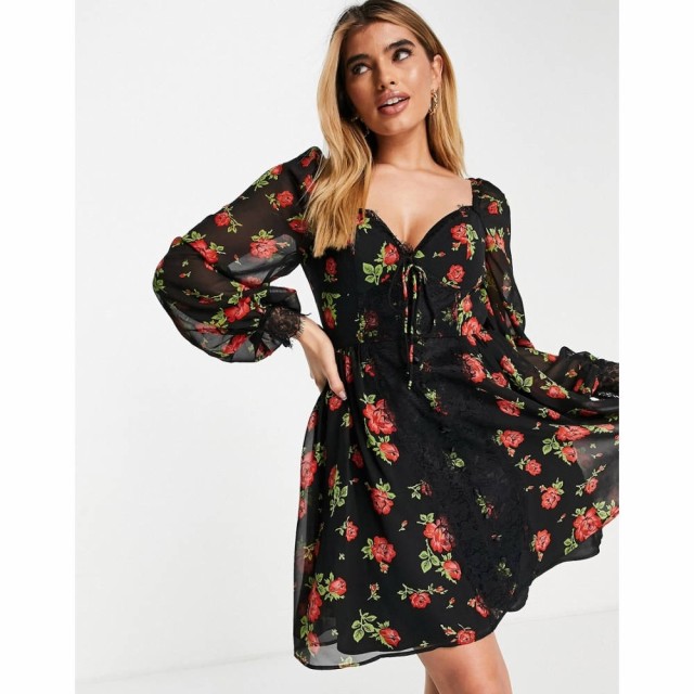 エイソス ASOS DESIGN レディース ワンピース ミニ丈 ワンピース・ドレス Eyelash Lace Insert Skater Mini Dress In Rose Floral