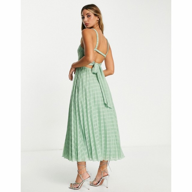 エイソス ASOS DESIGN レディース ワンピース ミドル丈 ワンピース・ドレス Elasticated Tie Back Pleated Midi Dress In Sage Green セ