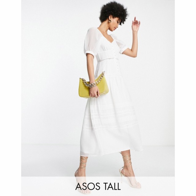 エイソス ASOS Tall レディース ワンピース ミドル丈 Tall Soft Sweetheart Neck Button Through Midi Dress With Lace Inserts In Cream