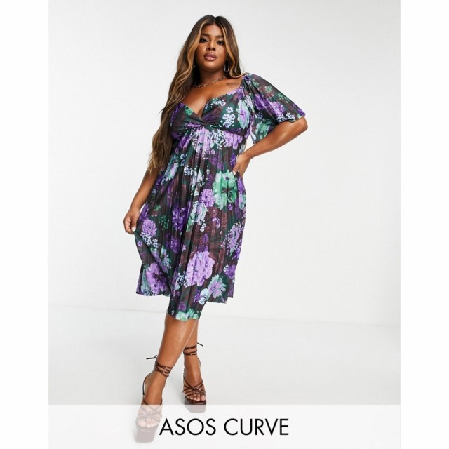 エイソス ASOS Curve レディース ワンピース ワンピース・ドレス Curve Pleated Twist Back Cap Sleeve Midi Dress In Purple Floral Pri