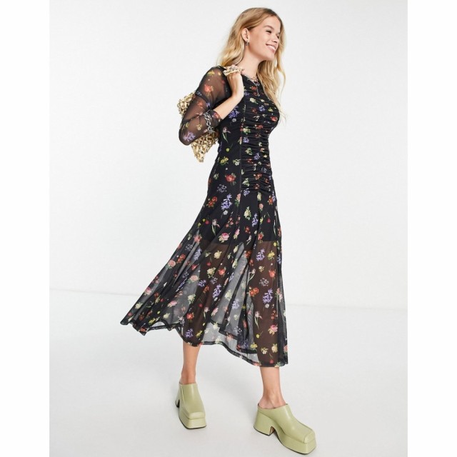 トップショップ Topshop レディース ワンピース ミドル丈 ワンピース・ドレス Ruch Front Floral Mesh Midi Dress マルチカラー