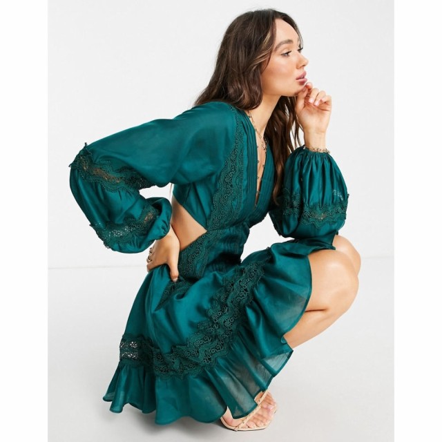 エイソス ASOS DESIGN レディース ワンピース レースアップ ミニ丈 Voile Mini Dress With Guipire Lace Trim And Lace Up Back In Green