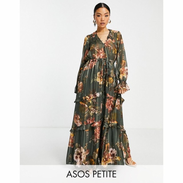 エイソス ASOS Petite レディース ワンピース Ａライン ワンピース・ドレス Petite Floral Tiered Maxi Dress With Tie Front In Satin S