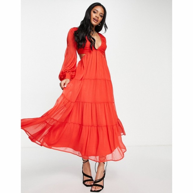 エイソス ASOS DESIGN レディース ワンピース プリーツスカート Ａライン Soft Pleated Bodice Midi Dress With Tiered Skirt And Lace U