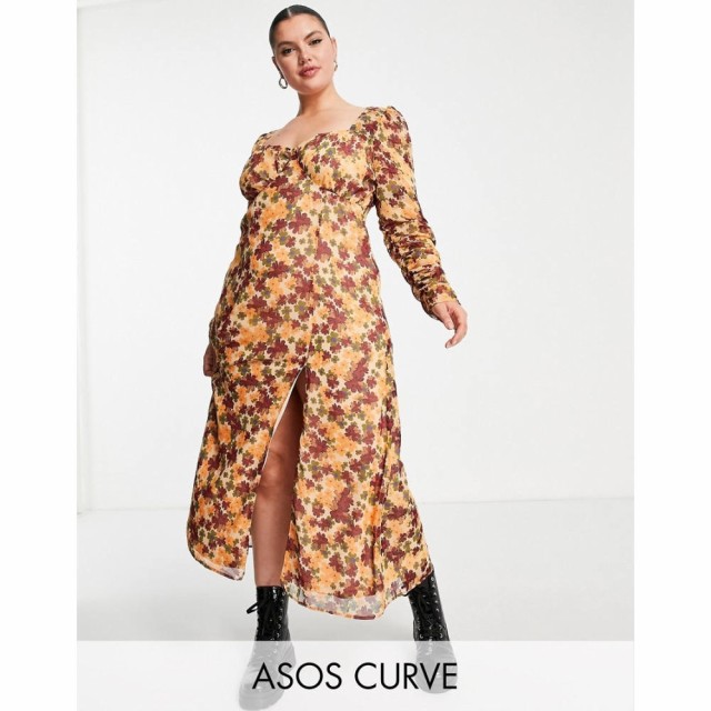 エイソス ASOS Curve レディース ワンピース ワンピース・ドレス Curve Sweetheart Neck Ruched Midi Tea Dress In Floral Print