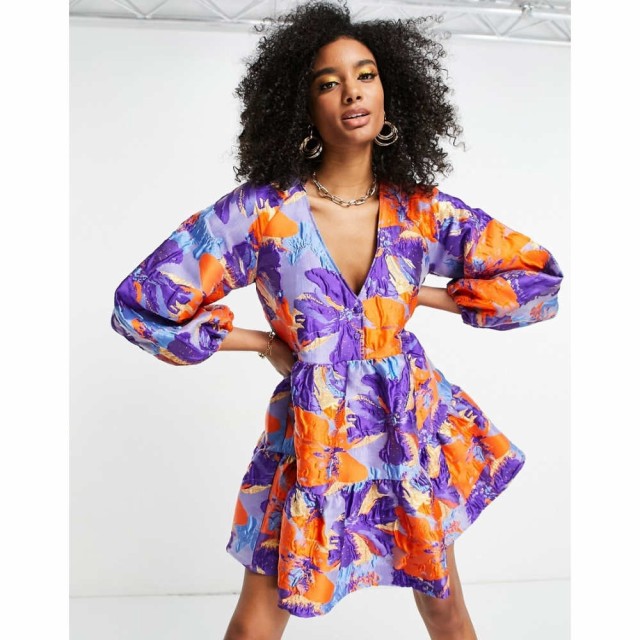 エイソス ASOS DESIGN レディース ワンピース Vネック Ａライン ワンピース・ドレス Tiered V Neck Mini Dress In Metallic Floral Jacqu