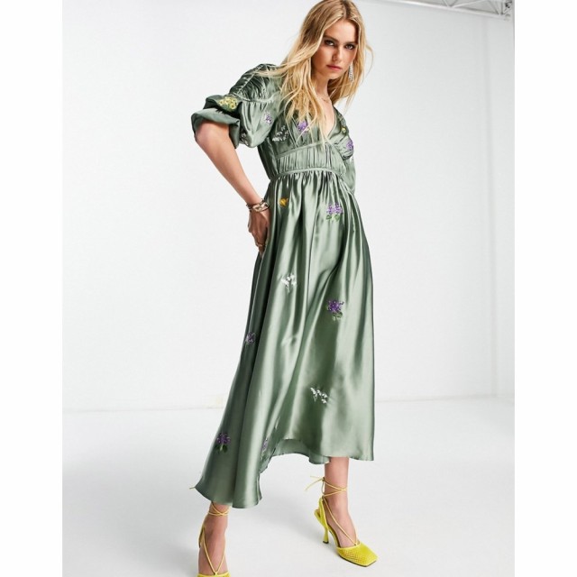 エイソス ASOS DESIGN レディース ワンピース ミドル丈 Satin Gathered Detail Plunge Neck Midi Dress In All Over Embroidery In Green