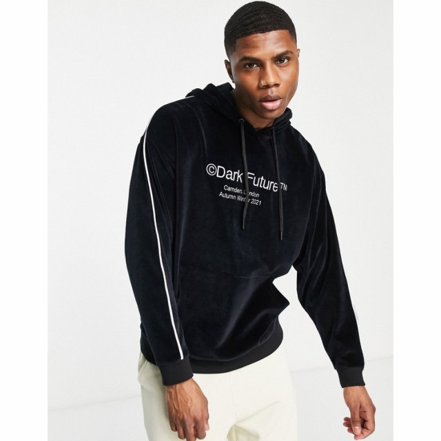 エイソス ASOS DESIGN メンズ パーカー トップス Asos Dark Future Oversized Hoodie In Velour With Arm Piping And Logo Print In Blac