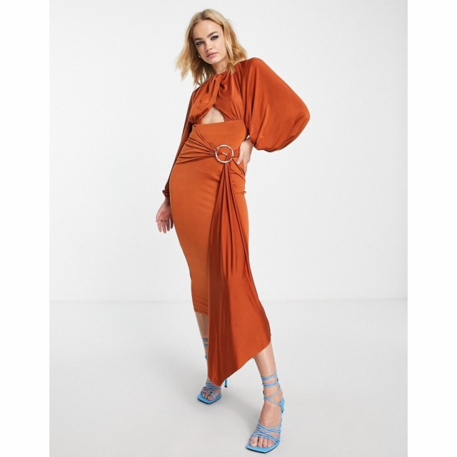 エイソス ASOS DESIGN レディース ワンピース ミドル丈 ワンピース・ドレス Long Volume Sleeve Cut Out Ring Detail Midi Dress In Rust